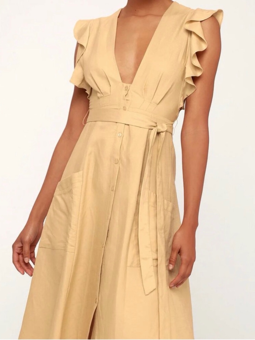 ASTR the Label Carolina Beige Button-Front Midi Dress - Size Medium